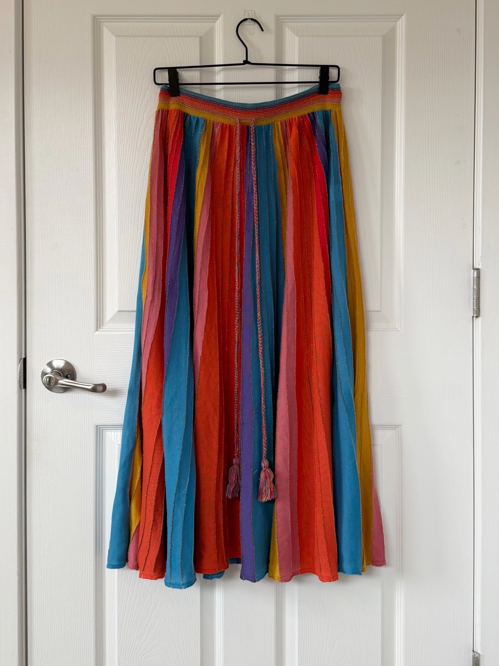FARM Rio Colorful Rainbow Striped Gold Sparkle Midi Skirt with Tassels